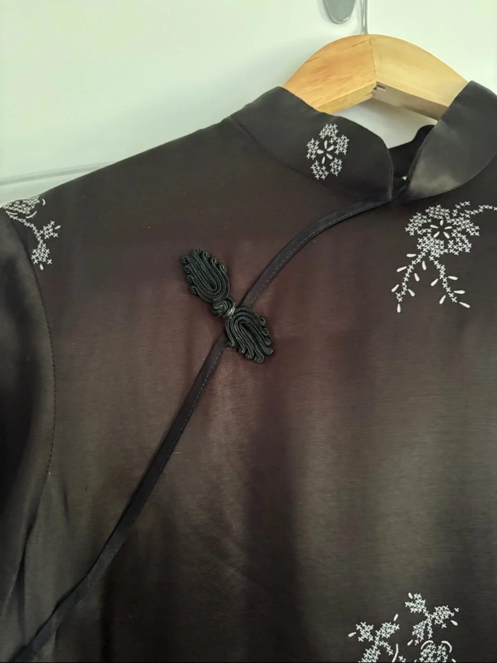 Celine Black Satin Cheongsam Midi Dress with Silver Floral Motifs - Picture 2 of 5